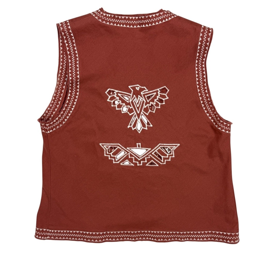 Rust Terra Cotta Embroidered Linen Open Front Vest Women's Large Boho
